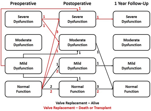 Change in ventricular dysfunction from the preoperative period to 1-year post-valve replacement.