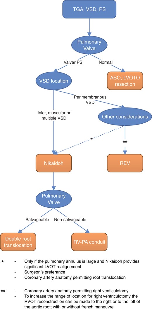 Procedure selection depending on anatomical considerations. ASO: arterial switch operation; LVOT: left ventricular outflow tract; LVOTO: LVOT obstruction; PA: pulmonary artery; PS: pulmonary stenosis; REV: réparation à l’etage ventriculaire; RV: right ventricle; TGA: transposition of the great arteries; VSD: ventricular septal defect.