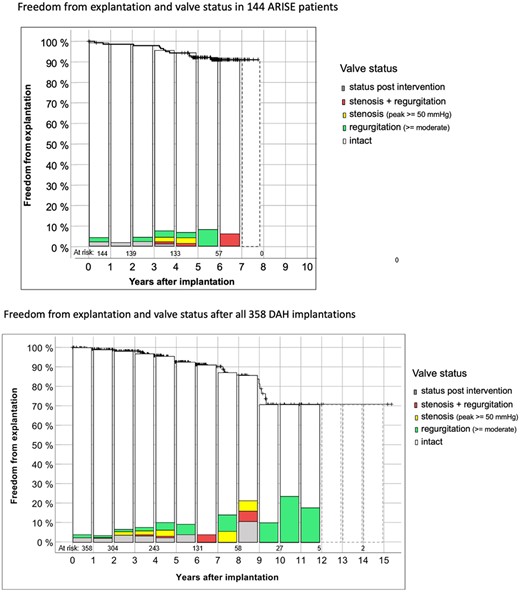 Details on freedom from explantation according to Kaplan–Meier and the functional status in the 144 ARISE patients and in all 358 implanted DAH to date with up to 15 years of follow-up. The dashed boxes in the ARISE patients indicate patients with missing echo data for 2023. The dashed boxes for the whole DAH group indicate the years in which follow-ups in Moldovia could only be performed via telephone due to the COVID19 pandemic and the war in the Ukraine. DAH: decellularized aortic homografts.