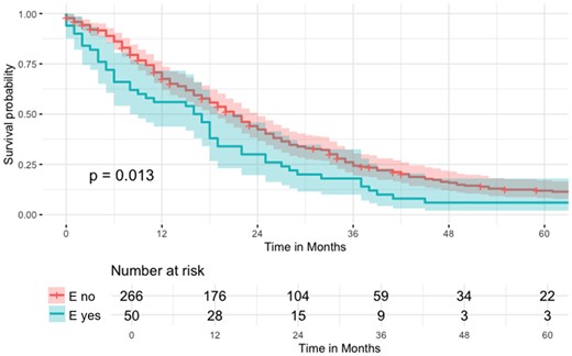 Kaplan–Meier curve regarding OS of the n = 316 patients not receiving partial pleurectomy or explorative thoracotomy (logrank P = 0.013).
