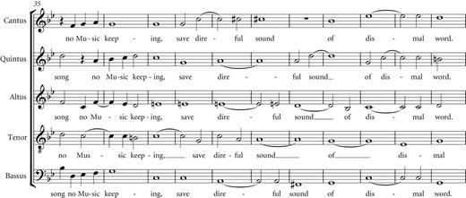 Richard Carlton’s ‘direful sound’ in Sound saddest notes, bars 35–45, from Madrigals to five voices (London, 1601), sig.c4v–d1r