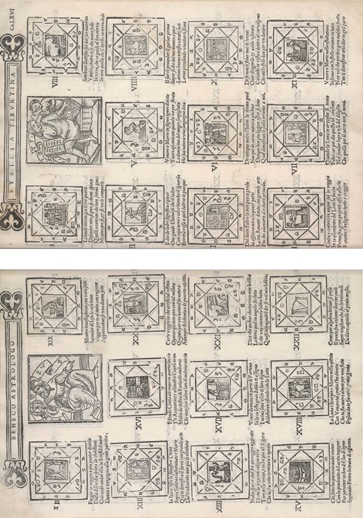 Fanti, Triompho di Fortuna: two carte (folios) showing Figure (woodcuts illustrating the fortunes told by the game; carte 55v–56r)