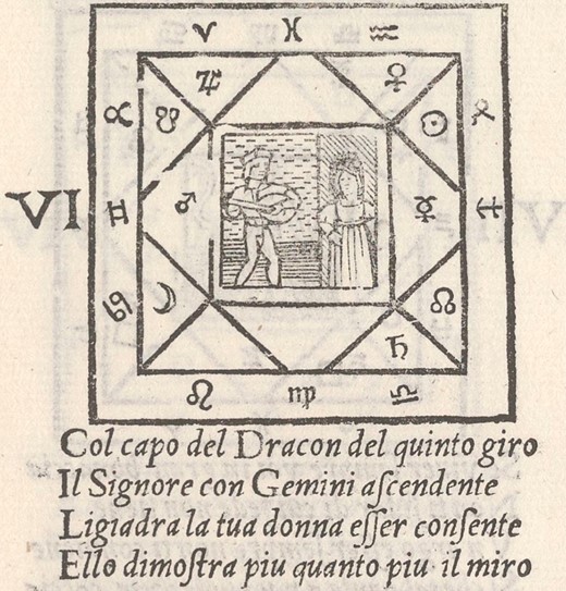 Fanti, Triompho di Fortuna: Figura showing a lutenist serenading a lady (carta 73r, VI; translation: With the head of a dragon on the fifth turn / The Lord ascends with Gemini; / Elegantly your lady allows / That she offers more the more you aim for)