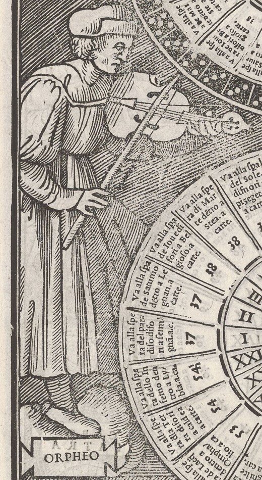 Portrait of Orpheus playing the lira da bracchio; detail from Fanti, Triompho di Fortuna: ‘Rota della Panthera’ (Wheel of the Panther; carta 2v)