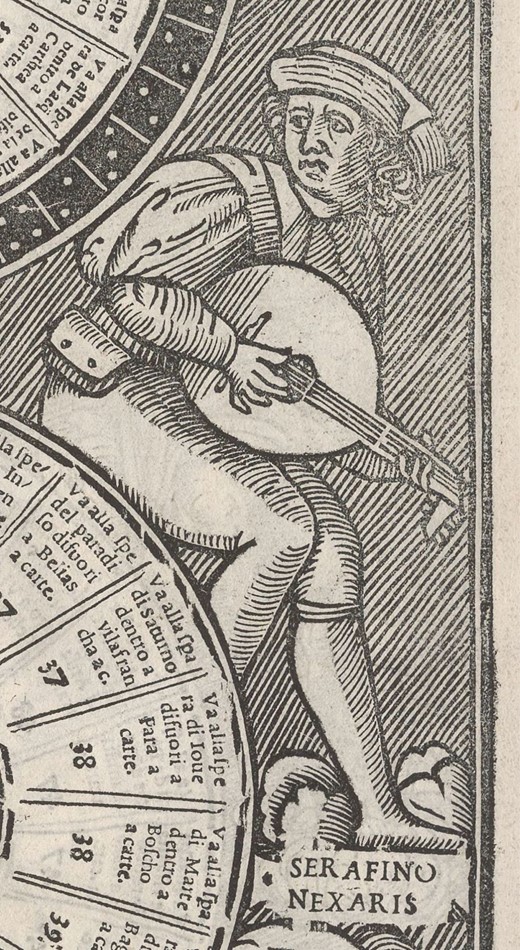 Portrait of the poet and lutenist Serafino Aquilano (1466–1500); detail from Fanti, Triompho di Fortuna: ‘Rota de Pavone’ (Wheel of the Peacock; carta 15v)