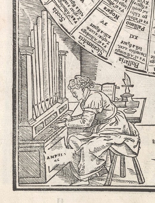 Portrait of Amphion as an organist, from Fanti, Triompho di Fortuna: ‘Sphera de l’inferno’ (Sphere of Hell; carta 54v)