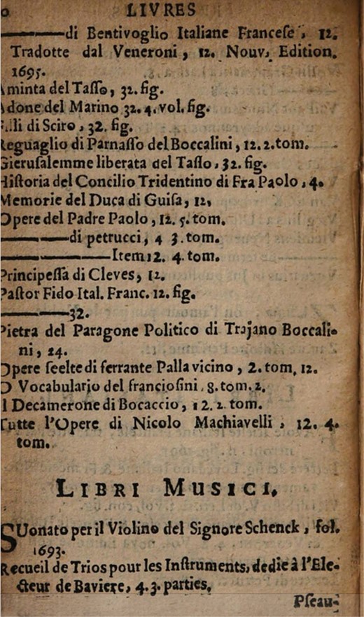 Catalogue A: Livres francois (Halle: Arnaud du Sarrat, c.1696), p.60 (London, British Library, 822.a.45)