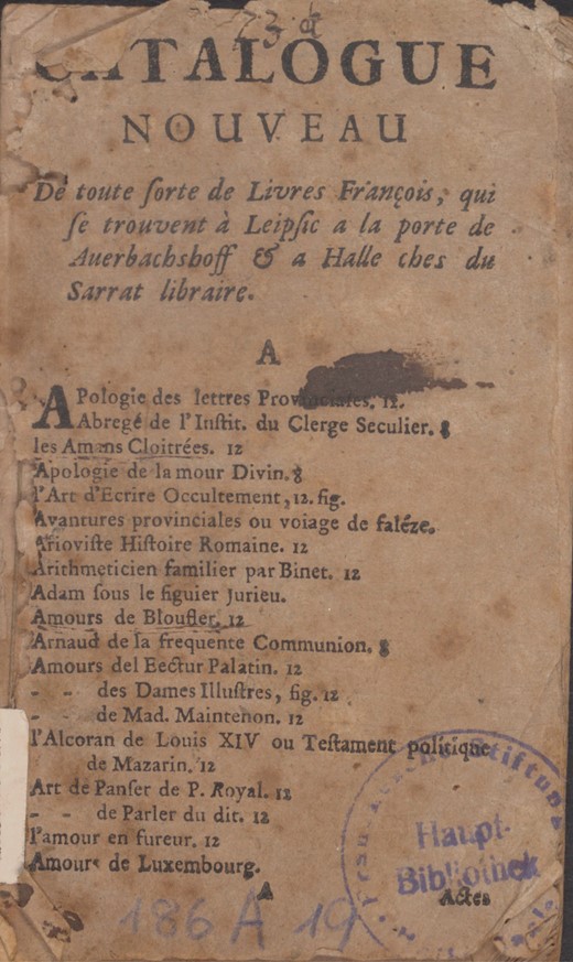 Catalogue B: Catalogue nouveau (Leipzig/Halle: Arnaud du Sarrat, c.1698), title-page (Franckesche Stiftungen zu Halle, 186 a 19)