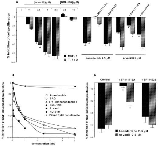 Effects of endogenous and synthetic cannabimimetics on basal and NGF-induced HBCC proliferation. A, Effects of selective CB1 and CB2 agonists and antagonists on basal HBCC proliferation. The effect is expressed as the percent inhibition of control cell proliferation (average cell proliferation in untreated cells was 50,000–250,000 cells/well·4 days). B, Effects of anandamide, 2-AG, HU-210, metabolically stable anandamide analogs, palmitoyl-ethanolamide, and BML-190 on β-NGF-induced proliferation of MCF-7 cells. The effects are expressed as the percent inhibition ofβ -NGF-induced proliferation and are the means of 3 (average cell proliferation in cells treated only with NGF was 50,000–100,000 cells/well·2 days). sd bars (never higher than 10–15% of the mean) are not shown for the sake of clarity. C, Effects of CB1 and CB2 selective antagonists on anandamide and arvanil inhibition ofβ -NGF-induced MCF-7 cell proliferation. A and C, Data are the mean ± sd (n = 3). The concentration of the two antagonists was 0.2 μm, and this corresponds to the maximal inhibitory effect observed at the doses of anandamide and arvanil shown. *, P < 0.05; **, P < 0.01 (vs. anandamide or arvanil).