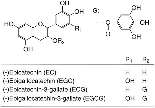 Structures of four major green tea catechins. The differences among these catechins occur in the number of hydroxyl groups and the presence of a galloyl group.