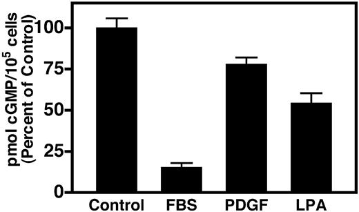 LPA inhibits CNP-dependent cGMP production in NIH3T3 cells overexpressing NPR-B. Serum-starved NIH3T3 cells stably transfected with NPR-B were treated with or without 10% FBS, 10 nm PDGF, or 10 μm LPA for 30 min. The media was aspirated, and the cells were stimulated with 20 nm CNP for 3 min. The reaction was terminated by the addition of 1 N perchloric acid. The total cyclic GMP concentration from each well was estimated by RIA. Values are the mean of at least four determinations from one representative experiment. This experiment was performed at least twice with similar results. The vertical lines centered within each column represent the sem. Control values are approximately 220 pmol/100,000 cells.