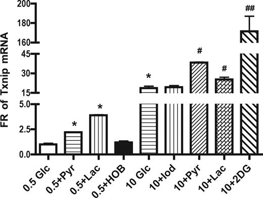 TXNIP mRNA exhibits a different dependency on glucose, glycolytic inhibitors, and metabolites compared with AgRP. The cDNA samples of N-38 cells from the studies above were used to measure TXNIP mRNA expression. Data are presented as mean ± sem (n = 6–8), and statistical differences were determined by Student’s t test (* or #, P < 0.05 vs. 0.5 mm glucose or 10 mm glucose, respectively). Glc, Glucose; Iod, iodoacetate; Lac, lactate; Pyr, pyruvate.