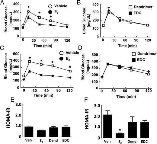 Glucose tolerance is enhanced by E2 but not by EDC. Wild-type ovariectomized female mice were placed on control chow (A, B, and E) or Western diet (C, D, and F), treated for 12 weeks with control vehicle (Veh), E2, empty dendrimer control, or an estrogen equivalent amount of EDC, and GTTs (A–D) and HOMA-IR were evaluated (E and F). Values are mean ± SEM, n = 8–10 for control chow groups and n = 16–21 for Western diet groups; *, P < .05 vs vehicle control.