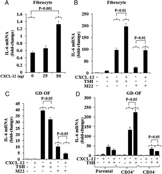 Effects of rhCXCL-12 on the induction by bTSH and M22 of IL-6 in fibrocytes and GD-OF. A, Graded concentrations of rhCXCL-12 were added to confluent fibrocyte cultures for 6 hours, monolayers harvested, and RNA extracted and subjected to real-time PCR for IL-6 mRNA. rhCXCL-12 (50 ng/mL), bTSH (5 mIU/mL), and M22 (1 μg/mL) were added for 6 hours in the combinations indicated along the abscissas to (B) fibrocytes and (C) GD-OF. D, Parental GD-OFs were subjected to cytometric cell sorting into pure CD34+ OF and CD34− OF. These were then treated as in B and C with the indicated combinations for 6 hours, and then RNA was processed for real-time PCR targeting IL-6 mRNA. Data are expressed as the mean ± SD of 3 independent replicates.