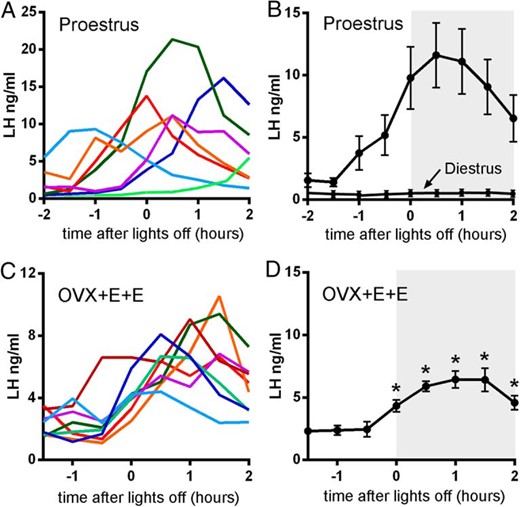 LH surge profiles in proestrous and OVX+E+E mice. A, Color-coded LH profiles from seven individual proestrous mice over 4 hours, beginning 2 hours before lights out. B, Mean (±SEM) LH levels from five post hoc-identified proestrous mice surging at approximately the same time within the time window of sampling. LH levels from diestrous mice sampled over the same time are indicated. C, Color-coded LH profiles from eight individual OVX+E+E mice over 4 hours, beginning 1.5 hour before lights out. D, Mean (±SEM) LH levels from OVX+E+E mice (n = 8). Values significantly different from basal LH concentrations are indicated by an asterisk (P < .05, repeated measures ANOVA). Lights off is at 6:00 pm for all experiments.