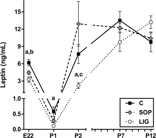 Spontaneous circulating leptin concentrations in fetal serum (gestational d E22) and in neonatal serum (P1, P2, P7, P12) are shown. C, fetuses/offspring of unoperated control dams; LIG, fetuses/offspring of dams with bilateral ligation of uterine arteries and veins; SOP, fetuses/offspring of sham-operated dams. LIG, E22, n = 7; SOP, E22, n = 15; C, E22, n = 22; LIG, P1, n = 10; SOP, P1, n = 9; C, P1, n = 10; LIG, P2, n = 5; SOP, P2, n = 6; C, P2, n = 5; LIG, P7, n = 10; SOP, P7 n = 10; C, P7, n = 10; LIG, P12, n = 10; SOP, P12, n = 10; C, P12 n = 10. Data are shown as mean ± SEM. a, Significant differences (LIG vs C); b, significant differences (SOP vs C); c, significant differences (LIG vs SOP).