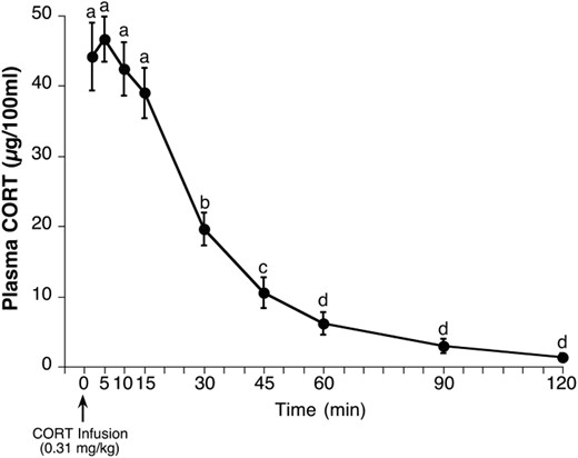 Validation experiment 1: time course of CORT plasma levels after bolus iv infusion of CORT in ADX rats. Prior to the test day, rats were adrenalectomized and implanted with jugular vein catheters. On the test day, rats (n = 10) were placed in restraint tubes and then infused with CORT (0.31 mg/kg). Serial blood samples were taken from the tip of the tail at 2, 5, 10, 15, 30, 45, 60, 90, and 120 minutes after infusion. CORT values at time points marked with different letters are significantly different from each other (Student's dependent sample t test with Bonferroni correction).