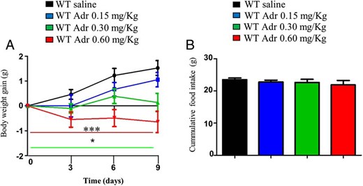 Pharmacological stimulation of p53 reduces weight gain in DIO mice and stimulates BAT activation. A, Body weight of male mice treated with adriamycin during 9 days and with free access to HFD. B, Cumulative food intake in mice with free access to HFD treated with vehicle or adriamycin. The red and green lines below indicate significant differences in the correspondent groups when compared to WT saline. *, P < .05, **, P < .01, ***, P < .001 (n = 7–8 per group).