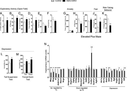 Behavior phenotype and hippocampal gene profile in Astro-D2KO mice. A–M, Behavioral tests. A–F, OFT. A, Total number of center entries. B, Total number of rearing. C, Total number of line crossing. D, Total time in center. E, Total time of freezing. F, Total number of grooming. G–K, EPM. G, Time spent in open arms. H, Total number of rearing. I, Time spent in closed arms. J, Total time of freezing. K, Total number of head dips. L, TST, time of immobility. M, FST, time of immobility. N, Gene profile in hippocampus. mRNA levels of T3-responsive genes and genes related to depression, measured by RT-qPCR and using CycloA as the internal control. Values are the mean ± SEM (n = 8–17). *, P < .05, **, P < .01, ***, P < .001 compared with control mice.