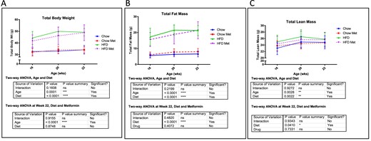 Effects of metformin (met) on mouse weight and body composition. (A) PIXImus data for total body weight at 16, 20, and 22 weeks. Significant increases in weight were observed with HFD and age by two-way ANOVA. Two-way ANOVA showed no effect of metformin on total weight in HFD or chow mice at each time point. (B) Total fat mass assessed by PIXImus at 16, 20, and 22 weeks. (C) Total lean mass assessed by PIXImus at 16, 20, and 22 weeks. Data represent mean ± SD analyzed with two-way ANOVA with Tukey multiple comparison testing, n ≥ 8 mice for all groups. ns, not significant.
