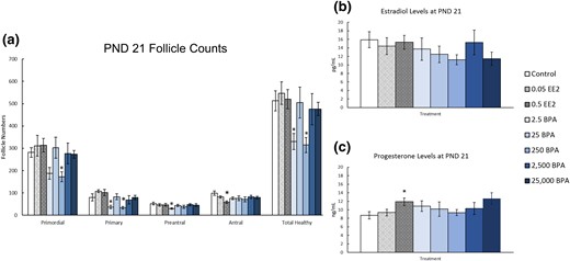 Effects of EE2 and BPA on ovarian morphology and sex steroid hormones on PND 21. On PND 21, rats from each group were euthanized and one ovary from each animal was fixed for histological evaluation of different ovarian follicle types. Additionally, serum was collected from the blood of each of the animals and used in the measurement of sex steroid hormones. (a) Graph represents the means ± SEM of the number of the different follicle types and total healthy follicles present in 8 to 10 ovaries per treatment group. (b) Graph represents the means ± SEM of the amount of estradiol present in the serum of 8 to 10 animals per group. (c) Graph represents the means ± SEM of the amount of progesterone present in the serum of 8 to 10 animals per group. *P ≤ 0.05, difference between the control group and doses of BPA or EE2 (n = 8 to 10).