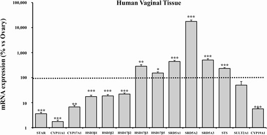 mRNA expression of steroidogenesis pathway-related genes in human vaginal tissue. This figure shows the mRNA expression of genes involved in steroidogenesis in human distal vaginal tissues derived from laparoscopic biopsies (n = 29). Data were calculated according to the 2–ΔΔCt comparative method, using ribosomal subunit 18S as the housekeeping gene for normalization. Results are expressed as percentage of ovary mRNA expression and are reported as mean ± SEM. *P < .05, **P < .01, ***P < .001 vs ovary.