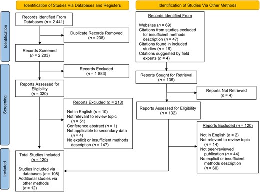 Preferred Reporting Items for Systematic Reviews and Meta-Analyses (PRISMA) flow chart. A total of 2 441 abstracts were identified via database search, and 108 articles were determined to be eligible for extraction and analysis. An additional 133 articles identified via websites and citations were assessed for eligibility and, from these, 12 more articles were added. Thus, a total of 120 articles were included in the review.