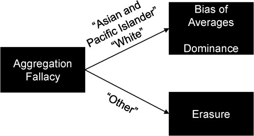 Effects of the aggregation fallacy. A visual schematic of the effects of the aggregation fallacy on inferences made regarding the Asian, Native Hawaiian and Other Pacific Islander, and Middle Eastern populations.