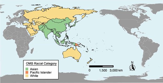 Map of the racial categorization of countries in Asia and Oceania. Map of the countries in Asia and Oceania and their racial categorization according to the US Census Bureau Office of Management and Budget (OMB) Standards, 2020.79