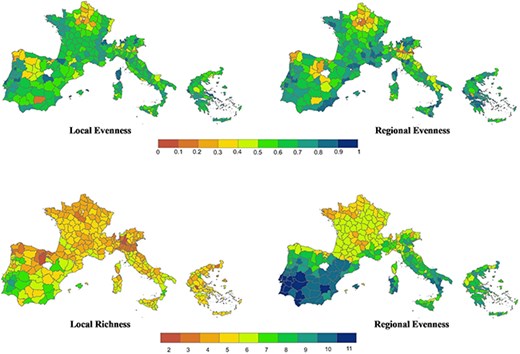 Local and regional agrobiodiversity indices across Mediterranean Europe.