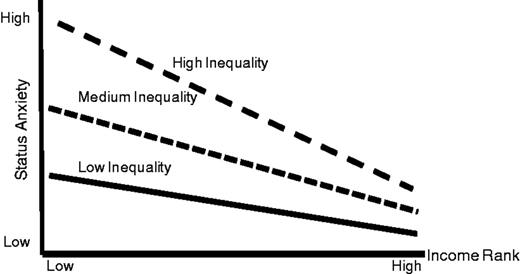 Hypothesized relationship between country gini, individual income rank, and status anxiety if country income inequality influences status anxiety intercept and income rank slope.