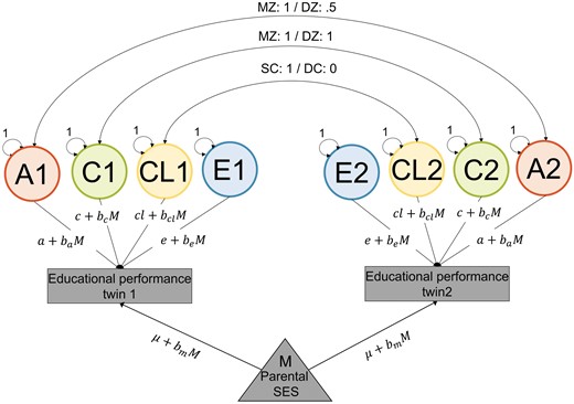 ACE moderation model extended with a classroom factor (CL). Latent variables represent genetic (A), shared environment (C), classroom (CL), and non-shared environment (E) factors, with the corresponding path coefficients a, c, cl, and e. Estimated from data of monozygotic (MZ) and dizygotic (DZ) twins who are in the same classroom (SC) or different classrooms (DC). The correlation between CL1 and CL2 equals 1 if twins share a classroom, otherwise it is zero. Moderator M is a measure of parental SES and is also included in the model as fixed effect (triangle). The model also includes fixed effects of age and sex (not shown to avoid clutter).