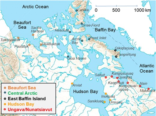 Ringed seal sampling sites across the Canadian Arctic (1972–2017). Results through time were analyzed according to regions, which are indicated by colors for each community.