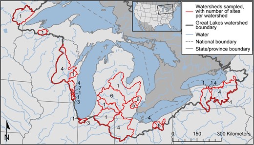 Map of the Great Lakes Basin and the watersheds sampled. Numbers indicate the number of sampling sites within each watershed.