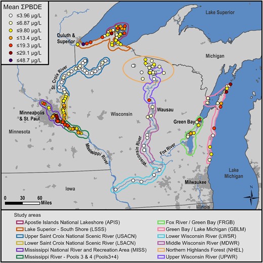 Geometric mean sum polybrominated diphenyl ether (∑PBDE) concentrations (µg/L) in bald eagle (Haliaeetus leucocephalus) nestling plasma at 241 nesting territories in 12 study areas in Minnesota and Wisconsin, USA. The scale for colored dots was determined using ArcMap natural breaks feature. Population centers of ≥5000 people are highlighted in dark gray. See the Supplemental Data, Figure SI1, for additional location, geographic, and population information.