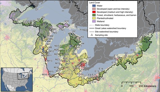 Map of sample sites and associated land cover. Identification of site codes is presented in Figure 4 and in Supplemental Data, Table SI‐1. Map base layers derived from Department of Agriculture and Agri‐Food Canada 2020; Homer et al. 2015; Instituto Nacional de Estadística Geografia e Informática et al. 2006a, 2006b; Steeves and Nebert 1994; US Department of Agriculture–Natural Resources Conservation Service et al. 2009.