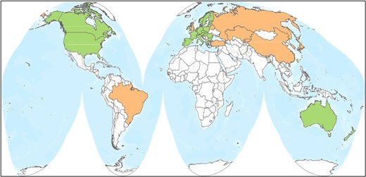 World map showing countries using sediment toxicity testing as part of their environmental regulations (green) and countries in which sediment toxicity testing is being considered (orange) for use in regulations (see text for specific country names). Countries without shading are currently not using sediment toxicity testing in their environmental regulations. Information in this figure reflects the authors’ understanding of the application of sediment toxicity testing at the time the manuscript was prepared and may change over time.