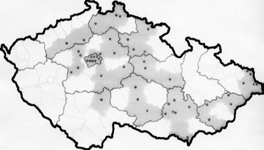 The map of the Czech Republic showing the geographic distribution of primary (community) hospitals/ tertiary cardiac centres (black points) along with their respective service areas-districts (grey). Thirty-three out of 77 districts (geographically 43% of the Czech districts) were participating in the study. The population of these districts however represents 5.7 million, i.e. 54% of the total country population. The situation in the country improved substantially during the study period. Thus, in 2002 additional 9 PCI centres were either newly opened or started 24-h service for primary PCI in acute myocardial infarction. Thus, at the end of study period, 95% of the Czech population had access to primary PCI at a distance <100 km from their homes.