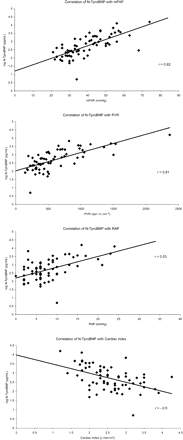 Graphs showing correlation of plasma N-TproBNP levels with cardiopulmonary haemodynamics (mPAP, PVR, RAP, and cardiac index).