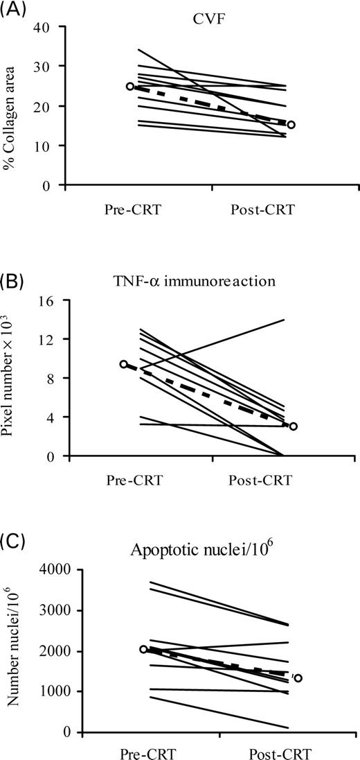Figure 2 Individual data related to CVF (A), TNF-α immunoreaction (B), and apoptosis (C) before (pre-CRT) and after (post-CRT) 6 months of CRT. Bold dashed lines represent the median.