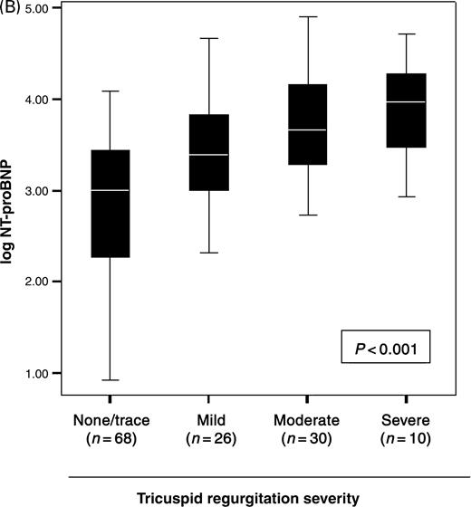 Figure 2 Relationship between NT-proBNP concentrations with right heart (A) function and (B) valvular regurgitation.