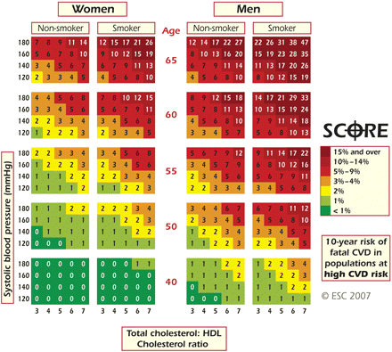 SCORE chart: 10-year risk of fatal CVD in populations at high CVD risk based on the following risk factors: age, gender, smoking, systolic blood pressure, and total cholesterol:HDL cholesterol ratio. © The European Society of Cardiology.