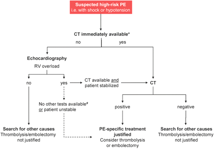 Proposed diagnostic algorithm for patients with suspected high-risk PE, i.e. presenting with shock or hypotension. *CT is considered not immediately available also if the critical condition of a patient allows only bedside diagnostic tests. #Transoesophageal echocardiography may detect thrombi in the pulmonary arteries in a significant proportion of patients with RV overload and PE that is ultimately confirmed by spiral CT; confirmation of DVT with bedside CUS might also help in decision-making.