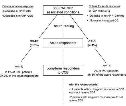 Comparison of criteria for defining acute vasodilator response. Proportions of acute vasodilator responders and long-term responders to calcium-channel blockers (CCB) screened with criteria based on a decrease in mean pulmonary artery pressure (mPAP) and total pulmonary resistance (TPR) ≥20% are presented in the left panel. Using the criteria defined by a decrease in mPAP >10 mmHg to reach a value of <40 mmHg and a normal or increased CO (right panel), 29 patients would be considered acute responders and 14 of them met the criteria for long-term response to calcium-channel blockers. The specificity of these criteria to detect long-term responders in pulmonary arterial hypertension (PAH) with associated conditions was 37.2 and 48.3%, respectively. Using the recent criteria, the initiation of potentially detrimental calcium-channel blocker therapy would be avoided in 13 pulmonary arterial hypertension patients with a confirmed absence of long-term calcium-channel blocker response, and two patients with long-term response would not receive calcium-channel blockers.