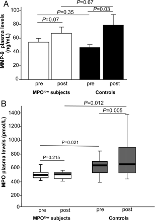Leucocyte activation at baseline and following nicotine administration in humans with normal and reduced myeloperoxidase activity. (A) Matrix metalloproteinase-9 plasma levels before and after stimulation with nicotine. (B) Myeloperoxidase plasma levels before and following nicotine administration are shown. Data are displayed for the 15 subjects with reduced myeloperoxidase expression and/or activity (MPOlow) subjects and for the 30 matched controls.