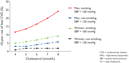 Relationship between total cholesterol/HDL cholesterol ratio and 10-year fatal CVD events in men and women aged 60 years with and without risk factors, based on a risk function derived from the SCORE project.