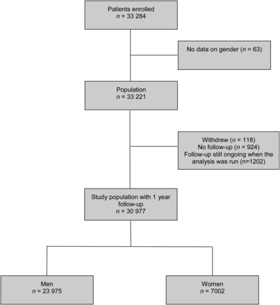 Patient flow from enrolment to 1-year analysis.