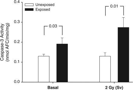 Caspase-3 activity was measured on isolated lymphocytes of cardiologists chronically exposed to low-dose radiation (black bars) in comparison to a control group of unexposed subjects (white bars) at baseline and following 2 Gy in vitro irradiation as described in the Methods section. Data are expressed as mean ± SD (n = 10, P is indicated in the graph).