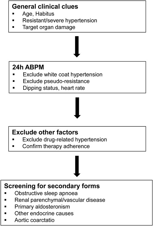 Work-up in patients with suspected secondary hypertension. 24 h-ABPM, 24 h ambulatory blood-pressure monitoring.