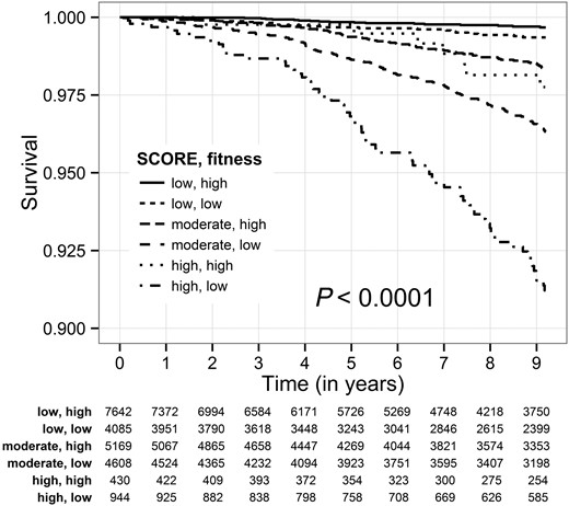 Kaplan–Meier survival by combined SCORE group and estimated metabolic equivalents. Fitness: low—metabolic equivalents <11; high—metabolic equivalents ≥11.